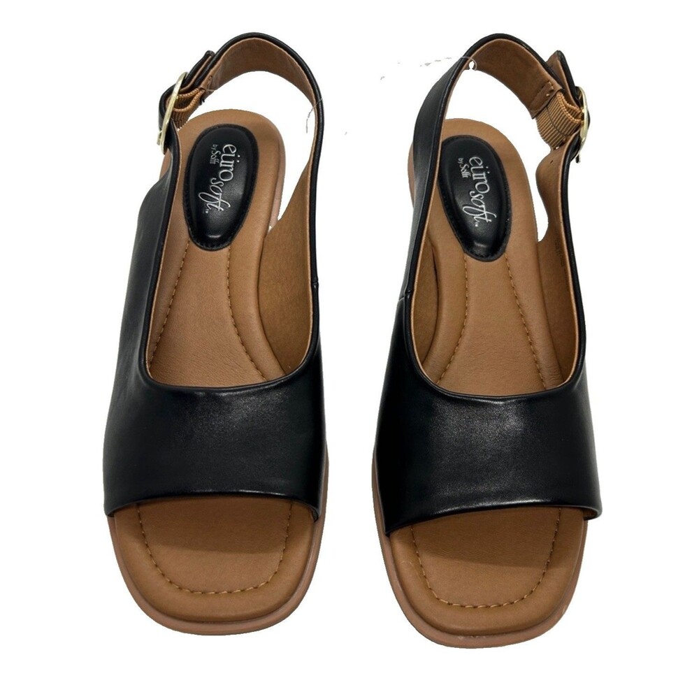 Eurosoft by Sofft Gabel Womens Black Wedge Sandals Sz 8.5 Slingback Comfort Box